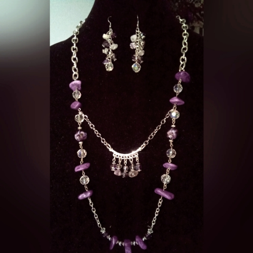 30" Elegant Purple Howlite Amethyst & Crystal Double Layered Jewelry Ensemble